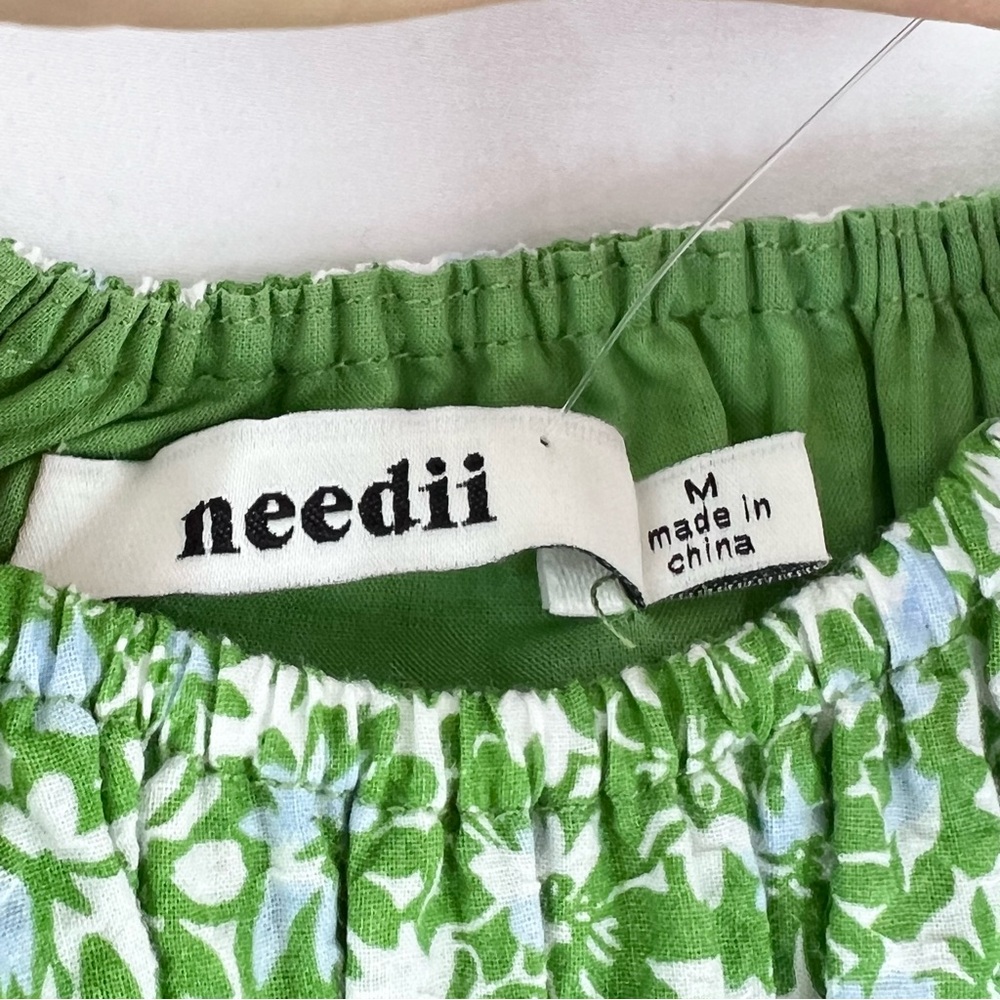 NWT Needii Meredith Green Floral Puff Sleeve Mini Dress Sz M Milkmaid - Picture 5 of 16